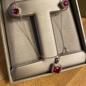 Ruby and White Sapphire Frame Earring, necklace, bracelet set.